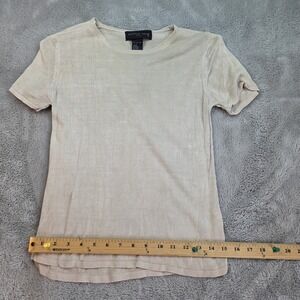 August Silk Top Women Small Beige Short Sleeve Shirt Crew Neck Blouse Small Flaw